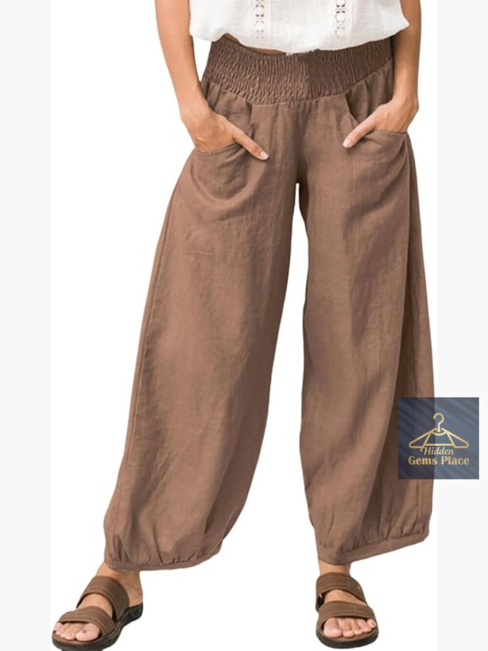 Wide Leg Palazzo Pants Elastic Waist Linen Blend Four Pockets